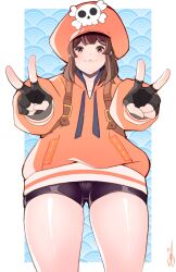 Rule 34 | 1girl, bike shorts, black gloves, black shorts, brown eyes, brown hair, cabbie hat, double v, fingerless gloves, gloves, guilty gear, guilty gear strive, hat, hat ornament, highres, hood, hoodie, its just suppi, long hair, looking at viewer, may (guilty gear), orange headwear, orange hoodie, shorts, skull and crossbones, skull hat ornament, smile, v
