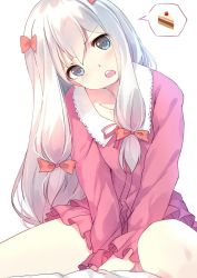 Rule 34 | 10s, 1girl, angry, blue eyes, bow, buttons, caidychen, cake, commentary request, eromanga sensei, food, hair between eyes, hair bow, head tilt, highres, izumi sagiri, jacket, long hair, long sleeves, looking at viewer, low-tied long hair, neck ribbon, open mouth, pajamas, pink bow, pink jacket, pink pajamas, pink ribbon, pink shirt, pink shorts, pleated, ribbon, round teeth, shirt, shorts, silver hair, simple background, sitting, solo, spoken food, spoken object, teeth, v arms, white background