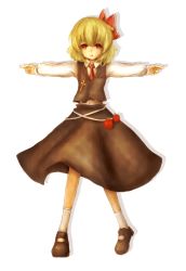 Rule 34 | 1girl, amano jack, apple, bad id, bad pixiv id, blonde hair, cross, crossed fingers, embodiment of scarlet devil, fang, female focus, food, fruit, hair ribbon, highres, jewelry, mary janes, necktie, outstretched arms, pendant, red eyes, ribbon, rumia, shoes, solo, spread arms, touhou, white background