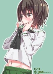 Rule 34 | 10s, 1girl, alternate costume, black neckerchief, blouse, blush, brown eyes, brown hair, closed mouth, clothes lift, commentary request, dated, girls und panzer, green background, green skirt, highres, lifting own clothes, light frown, long sleeves, looking to the side, midriff, natsuki (gedo), navel, neckerchief, nishizumi maho, one-hour drawing challenge, ooarai school uniform, outline, pleated skirt, school uniform, serafuku, shirt, shirt lift, short hair, simple background, skirt, solo, standing, twitter username, upper body, white outline, white shirt