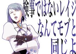 Rule 34 | 1girl, ace attorney, ascot, black gloves, black vest, blue eyes, blue hair, breasts, commentary request, crossed arms, earrings, franziska von karma, gem, gloves, jewelry, juliet sleeves, long sleeves, looking at viewer, medium breasts, mole, mole under eye, open mouth, puffy sleeves, shirt, short hair, solo, taba (tb gya), translation request, upper body, vest, white background, white shirt