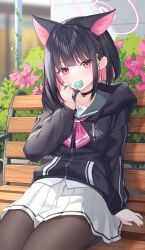 Rule 34 | 1girl, :t, absurdres, animal ears, bench, black choker, black hair, black jacket, blue archive, blush, brown pantyhose, cat ears, choker, colored inner hair, commentary, cowboy shot, day, english commentary, flower, hair ornament, hairclip, halo, hand up, highres, hood, hood down, hooded jacket, jacket, kazusa (blue archive), leaning back, long sleeves, multicolored hair, neckerchief, outdoors, pantyhose, pendant choker, pink hair, pink neckerchief, plant, pleated skirt, red eyes, rynzfrancis, short hair, sidelocks, sitting, skirt, solo, two-tone hair, white skirt