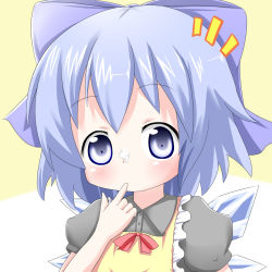 Rule 34 | 1girl, apron, blue eyes, blue hair, blush, bow, cirno, finger in own mouth, food, food on face, hair bow, highres, makuran, matching hair/eyes, shirt, solo, touhou, upper body, wings