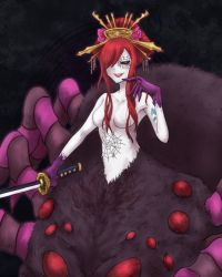 Rule 34 | 1girl, arthropod girl, black sclera, breasts, bug, colored sclera, corruption, erza scarlet, evil smile, fairy tail, flower, hair ornament, hair over one eye, insect girl, katana, lipstick, makeup, monster girl, no nipples, red eyes, red hair, smile, spider, spider girl, sword, tattoo, topless, weapon, yokai (yokai0401)
