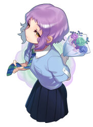 Rule 34 | 1girl, arm behind back, blue shirt, blue skirt, bouquet, breast pocket, checkered necktie, commentary, expressionless, flat chest, flower, half-closed eyes, hand up, holding, holding bouquet, holding necktie, idolmaster, idolmaster million live!, looking at viewer, makabe mizuki, mugcan, necktie, pleated skirt, pocket, purple hair, rose, shirt, short hair, short sleeves, sidelocks, skirt, solo, wavy hair, white background, wing collar, yellow eyes