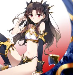 Rule 34 | 1girl, adjusting hair, arm support, armlet, asymmetrical legwear, bare arms, bare legs, bare shoulders, black detached sleeves, black hair, black pelvic curtain, black ribbon, black thighhighs, blurry, breasts, cleavage, clenched hands, collar, crown, depth of field, detached sleeves, earrings, fate/grand order, fate (series), female focus, fingerless gloves, gloves, gradient background, hair ribbon, hoop earrings, ishtar (fate), jewelry, knee up, legs, long hair, looking at viewer, midriff, navel, pelvic curtain, red eyes, revealing clothes, ribbon, single sleeve, single thighhigh, sitting, small breasts, smile, solo, strapless, thighhighs, thighlet, tiara, tohsaka rin, tsuezu, two side up, type-moon, uneven legwear