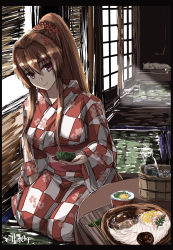 Rule 34 | 1girl, alternate costume, blush, breasts, brown hair, cat, closed mouth, food, hair between eyes, hair ornament, highres, indoors, japanese clothes, kantai collection, kimono, large breasts, long hair, noodles, ponytail, purple eyes, seitei (04seitei), sitting, soumen, yamato (kancolle), yukata