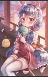 Rule 34 | 1girl, 1other, absurdres, animal ears, architecture, azur lane, bird, blush, bow, chick, chinese clothes, commentary request, east asian architecture, fake animal ears, grey hair, hair between eyes, hair bow, hair ribbon, hairband, hand fan, highres, himeno ame, holding, holding fan, laffey (azur lane), laffey (white rabbit welcomes the spring) (azur lane), long hair, long sleeves, looking at viewer, low twintails, manjuu (azur lane), official alternate costume, orange eyes, parted lips, petals, rabbit ears, ribbon, sidelocks, sitting, thighhighs, twintails, white thighhighs, zettai ryouiki