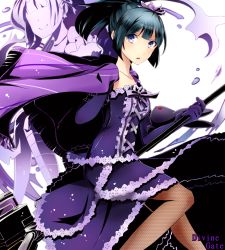 Rule 34 | 1girl, black hair, blue eyes, cape, copyright name, divine gate, dress, elbow gloves, fishnet pantyhose, fishnets, gloves, hair ornament, holding, layered dress, looking at viewer, mady (madine08260), official style, pantyhose, ponytail, purple cape, purple dress, purple gloves, solo, strapless, strapless dress, white background
