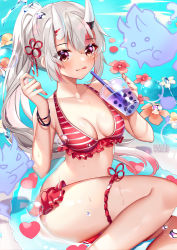 Rule 34 | 1girl, :q, artist name, bare shoulders, bikini, breasts, bubble tea, closed mouth, collarbone, commentary, cup, disposable cup, drinking straw, english commentary, feet out of frame, flower knot, frilled bikini, frills, gradient hair, hair ornament, hands up, highres, holding, hololive, horns, long hair, looking at viewer, medium breasts, multicolored hair, nakiri ayame, ponytail, red bikini, red eyes, sidelocks, silver hair, skin-covered horns, smile, solo, squchan, streaked hair, striped bikini, striped clothes, swimsuit, thigh strap, thighs, tongue, tongue out, very long hair, virtual youtuber, water, watermark, web address, wet