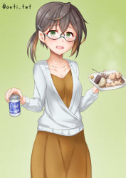 Rule 34 | 1girl, alternate costume, anti (untea9), blouse, blue-framed eyewear, blush, breasts, brown hair, can, casual, collarbone, cowboy shot, dress, food, glasses, gradient background, green background, green eyes, highres, kantai collection, long sleeves, looking at viewer, multicolored hair, okinami (kancolle), open mouth, orange dress, pink hair, shirt, short hair, small breasts, solo, sweatdrop, twitter username, white shirt
