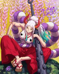 Rule 34 | 1girl, blue hair, breasts, cleavage, club (weapon), crossed legs, earrings, eishun, female focus, full body, hair ornament, hair stick, highres, horns, jewelry, large breasts, long hair, looking at viewer, multicolored hair, one piece, orange eyes, ponytail, rope belt, sandals, solo, toes, two-tone hair, white hair, yamato (one piece)