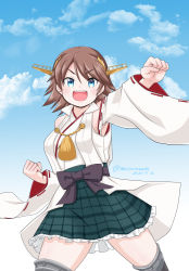 Rule 34 | 1girl, blue sky, boots, brown hair, clenched hand, cloud, commentary request, cowboy shot, day, detached sleeves, flipped hair, green skirt, hairband, headgear, hiei (kancolle), hiei kai ni (kancolle), japanese clothes, kantai collection, masara (chuujou), plaid, plaid skirt, popped collar, ribbon-trimmed sleeves, ribbon trim, short hair, skirt, sky, smile, solo, standing, thigh boots, thighhighs, upper body