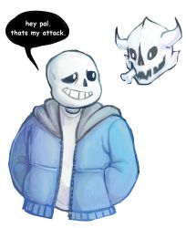 Rule 34 | 1boy, bone, coat, commentary, english text, gasterblaster, grin, hands in pockets, highres, looking back, oxi (oxidization), sans (undertale), simple background, skeleton, smile, spoilers, transparent background, undertale, white background