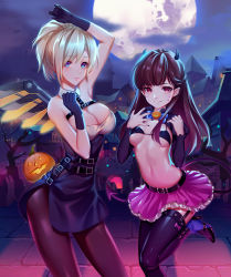 Rule 34 | 2girls, alternate eye color, arm up, bad id, bad pixiv id, bare shoulders, belt, belt buckle, bikini, bikini top only, black belt, black bikini, black dress, black gloves, black legwear, black nails, blonde hair, blue eyes, blue legwear, blue neckwear, blunt bangs, bow, bow legwear, bowtie, breasts, brown hair, brown legwear, buckle, cleavage, closed mouth, cloud, cloudy sky, commentary request, contrapposto, d.va (overwatch), demon girl, demon horns, demon tail, dress, facepaint, facial mark, frilled skirt, frills, full moon, garter straps, gloves, halloween, halloween costume, hand up, high heels, highres, horns, house, jack-o&#039;-lantern, large breasts, leg up, legs apart, legs together, littleamber, long hair, long sleeves, looking at viewer, mechanical wings, mercy (overwatch), micro bikini, micro bikini top, midriff, miniskirt, moon, multiple girls, nail polish, navel, night, night sky, orange wings, outdoors, overwatch, overwatch 1, pantyhose, pink bow, pink lips, pink skirt, pleated skirt, ponytail, pumpkin, red eyes, short dress, short hair, single wing, skirt, sky, sleeveless, sleeveless dress, small breasts, smile, spread wings, standing, standing on one leg, stomach, strap, swimsuit, tail, thighhighs, underboob, whisker markings, wings