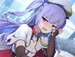 Rule 34 | 1girl, ajax (azur lane), azur lane, beret, black legwear, blush, bow, breasts, capelet, cleavage, crying, crying with eyes open, detached sleeves, gotyou, hat, long hair, long sleeves, looking at viewer, pov, purple hair, rain, red eyes, red skirt, retrofit (azur lane), sidelocks, skirt, small breasts, tears, two side up, white headwear