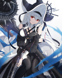 Rule 34 | 1girl, arknights, bare shoulders, black dress, black hat, black nails, black pantyhose, black sleeves, circular saw, detached sleeves, dress, feet out of frame, grey hair, hat, hat ornament, highres, holding, holding weapon, long hair, looking at viewer, nail polish, official alternate costume, pantyhose, red eyes, saw, shironekoban, simple background, sitting, solo, specter (arknights), specter the unchained (arknights), twitter username, very long hair, weapon, white background