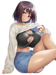 Rule 34 | 1girl, arm support, blush, breast press, breasts, brown hair, buttons, cleavage, cleavage cutout, closed mouth, clothing cutout, collarbone, commentary request, controller, fingernails, hand up, highres, holding, huge breasts, joystick, knees up, lifted by self, lips, long sleeves, looking at viewer, miniskirt, navel, original, purple eyes, raidon, shiny skin, short hair, simple background, sitting, skirt, sleeves past wrists, smile, solo, sports bra, stomach, sweater, thighs, white background