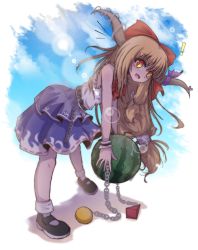 Rule 34 | !, 1girl, black footwear, blue skirt, blue sky, bow, food, from side, fruit, full body, hair bow, highres, holding, holding food, holding fruit, horn ornament, horns, ibuki suika, leaning forward, lens flare, light brown hair, long hair, looking at viewer, looking to the side, low-tied long hair, open mouth, orange eyes, red bow, shen li, shirt, shoes, skirt, sky, sleeveless, sleeveless shirt, socks, solo, standing, touhou, transparent background, watermelon, white socks, wrist cuffs
