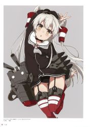 Rule 34 | 1girl, absurdres, amatsukaze (kancolle), black panties, black shirt, blouse, blush, garter straps, head tilt, highres, kantai collection, long hair, no pants, ogipote, panties, red thighhighs, shirt, solo, standing, standing on one leg, striped clothes, striped thighhighs, tagme, thighhighs, two side up, underwear, v, very long hair, white hair, yellow eyes