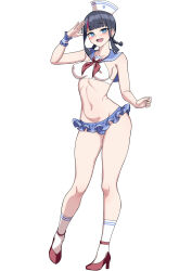 Rule 34 | 1girl, adapted costume, bare shoulders, bikini, black hair, blue eyes, blue sailor collar, blue skirt, blush, braid, breasts, cameltoe, cleft of venus, covered erect nipples, fate/grand order, fate (series), full body, hat, high heels, highres, kneehighs, large breasts, looking at viewer, low twin braids, medium hair, microskirt, multicolored hair, muta poo, navel, open mouth, pink hair, sailor collar, sailor hat, sidelocks, skirt, smile, socks, solo, standing, streaked hair, swimsuit, twin braids, utsumi erice, utsumi erice (swimsuit avenger), utsumi erice (swimsuit avenger) (second ascension), white bikini, white hat