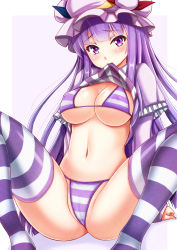 Rule 34 | 1girl, bikini, bikini under clothes, blush, breasts, cameltoe, cleavage, clothes lift, covered erect nipples, crescent, ebi 193, hat, large breasts, long hair, looking at viewer, mouth hold, navel, patchouli knowledge, purple eyes, purple hair, shirt lift, simple background, solo, spread legs, striped bikini, striped clothes, striped thighhighs, swimsuit, swimsuit under clothes, thighhighs, thighs, touhou, underboob, very long hair, white background