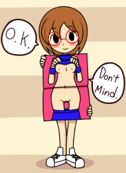 Rule 34 | 1girl, black eyes, blush, breasts, brown hair, cleft of venus, english text, glasses, nipples, nollety, presenting, pussy, rhythm tengoku, shoes, short hair, simple background, small breasts, smile, solo, standing, the assistant (rhythm tengoku), uncensored