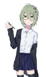 Rule 34 | 1girl, ahoge, black-framed eyewear, black jacket, black thighhighs, blue skirt, blush, closed mouth, collared shirt, commentary request, cowboy shot, dress shirt, eyebrows hidden by hair, fingernails, glasses, green eyes, green hair, hair between eyes, hand up, highres, holding, jacket, leaning to the side, long sleeves, minamiya mia, off shoulder, open clothes, open jacket, original, pleated skirt, shirt, skirt, sleeves past wrists, solo, thighhighs, white shirt