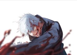 Rule 34 | 1boy, black plume, blood, blood in hair, blood on clothes, blood on face, blood splatter, blue eyes, blurry, blurry foreground, gojou satoru, jujutsu kaisen, jujutsu tech uniform, looking at viewer, male focus, open mouth, punching, short hair, simple background, smile, solo, spiked hair, white background, white hair