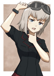 Rule 34 | 1girl, absurdres, arm up, black jacket, blue eyes, commentary, dress shirt, frown, girls und panzer, goggles, goggles on head, grey hair, haldeco, hand on own throat, highres, insignia, itsumi erika, jacket, kuromorimine military uniform, long sleeves, looking at viewer, medium hair, military uniform, open mouth, red shirt, shirt, solo, throat microphone, uniform, upper body, watch, wing collar, wristwatch
