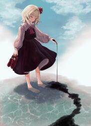 Rule 34 | 1girl, absurdres, ascot, barefoot, black skirt, black vest, blonde hair, closed eyes, closed mouth, collared shirt, darkness, frilled shirt collar, frills, hair ribbon, highres, holding, holding shoes, long sleeves, red ascot, red footwear, red ribbon, ribbon, rumia, shirt, shoes, short hair, skirt, smile, solo, touhou, umebitan, vest, water, white shirt