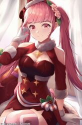 Rule 34 | 1girl, absurdres, arm support, bare shoulders, blunt bangs, breasts, bustier, cleavage, closed mouth, commentary, curtains, dress, english commentary, fire emblem, fire emblem: three houses, fire emblem heroes, flower, fur-trimmed gloves, fur trim, gift, gloves, hair flower, hair ornament, halterneck, hat, highres, hilda valentine goneril, hilda valentine goneril (winter), instagram logo, looking at viewer, medium breasts, mixed-language commentary, nintendo, pink eyes, pink hair, pink thighhighs, pixiv logo, ryo-suzuki, santa dress, santa hat, shadow, sitting, smile, solo, thighhighs, tumblr logo, twintails, twitter logo, twitter username, white gloves, window, zettai ryouiki