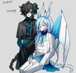 Rule 34 | 2boys, :|, ainchase ishmael, annoyed, bell sleeves, black cape, black coat, black hair, blue eyes, blue gemstone, blue hair, blue ribbon, blue scales, blue shirt, blue wings, brooch, buttons, cape, closed mouth, coat, cowlick, cropped legs, crossed arms, curled horns, diamond button, double-breasted, dragon boy, dragon horns, dragon tail, dragon wings, dual persona, elsword, expressionless, feet out of frame, frilled shirt collar, frills, gem, gradient ribbon, gradient skin, green eyes, green hair, green ribbon, green scales, green shirt, grey background, hair between eyes, hair over shoulder, hands on own thighs, highres, horns, invisible chair, jacket, jewelry, long bangs, long hair, long sleeves, looking at viewer, low ponytail, male focus, monsterification, multicolored hair, multiple boys, neck ribbon, opferung (elsword), pants, parted lips, ribbon, richter (elsword), shaded face, shirt, short hair, simple background, sitting, standing, streaked hair, tail, virtual-ocean, white jacket, white pants, white wings, wings