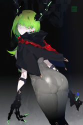 Rule 34 | 1girl, ass, black horns, black rock shooter, black rock shooter: dawn fall, bodysuit, claw (weapon), closed mouth, dead master, earrings, from behind, green eyes, green hair, grey bodysuit, half-closed eyes, highres, horns, jewelry, long hair, looking back, pale skin, rai (97417), revision, shiny clothes, sketch, skin tight, skull, solo, star (symbol), tight clothes, weapon