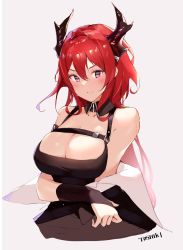 Rule 34 | 1girl, arknights, artist name, bad id, bad pixiv id, bare shoulders, black dress, blush, breasts, cleavage, closed mouth, collarbone, detached collar, dress, hair between eyes, highres, horns, infection monitor (arknights), large breasts, long hair, looking at viewer, purple eyes, red hair, ruwoka, simple background, sleeveless, solo, surtr (arknights), sweat, upper body, v-shaped eyebrows, very long hair, white background