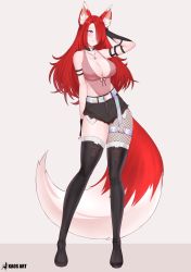 Rule 34 | 1girl, absurdres, animal ear fluff, animal ears, artist name, bare shoulders, belt, black footwear, black gloves, boots, bow, bowtie, breasts, choker, cleavage, closed mouth, commentary, commission, fingerless gloves, fishnet thighhighs, fishnets, fox ears, fox girl, fox tail, gloves, gradient background, grey background, hair over one eye, highres, jewelry, kaos art, large breasts, leotard, leotard under clothes, lips, long hair, necklace, original, pink leotard, purple eyes, red eyes, red hair, shiny skin, short shorts, shorts, signature, simple background, single thighhigh, sleeveless, smile, solo, standing, tail, thigh boots, thighhighs, thighs