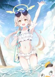 Rule 34 | 1girl, absurdres, arm up, armpits, bag, bikini, blue archive, blush, breasts, cleavage, collarbone, commentary request, eyewear on head, frilled bikini, frills, halo, hifumi (blue archive), hifumi (swimsuit) (blue archive), highres, huge filesize, i-tsd, low twintails, navel, ocean, palm tree, peroro (blue archive), sky, small breasts, sunglasses, swimsuit, tree, twintails, water, water drop, white bikini, yellow eyes