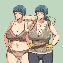 Rule 34 | 1girl, aqua eyes, aqua hair, armpits, backpack, bag, belt, bra, breasts, brown bra, brown panties, cleavage, closed eyes, clothes on/clothes off, collarbone, commentary request, cowboy shot, curvy, enoshima iki, floral print, gloves, gluteal fold, green background, hand on own hip, hand on own neck, hands on own hips, huge breasts, jewelry, lace, lace-trimmed bra, lace-trimmed panties, lace trim, long hair, mature female, multiple views, navel, original, panties, pants, parted lips, pendant, ponytail, see-through, see-through shirt, short sleeves, sidelocks, sleeping, solo, standing, underwear, underwear only, yellow gloves