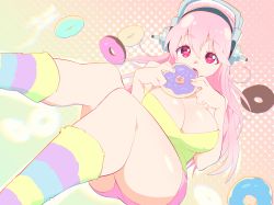 Rule 34 | 1girl, aetherion, breasts, cleavage, dithered background, doughnut, feet out of frame, food, gradient background, hair between eyes, headphones, highres, holding, holding food, large breasts, looking at viewer, nitroplus, open mouth, pink background, pink hair, pink shorts, red eyes, shirt, short shorts, shorts, socks, striped clothes, striped legwear, striped socks, super sonico, tareme, thighs, yellow shirt