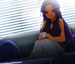 Rule 34 | 1girl, 3a07, bare shoulders, blue hair, breasts, brown eyes, couch, dress, idolmaster, idolmaster (classic), large breasts, long hair, miura azusa, photo (object), sitting, smile, solo, van-s
