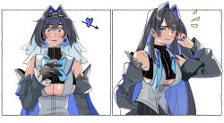 Rule 34 | 1girl, black gloves, black hair, blue eyes, blue hair, bow, bow earrings, chain, chain headband, clothing cutout, commentary, detached sleeves, earrings, fongban illust, gloves, hair intakes, hair ornament, highres, hololive, hololive english, jewelry, long hair, looking at viewer, multicolored hair, ouro kronii, ouro kronii (1st costume), shirt, short hair, smile, symbol-only commentary, turtleneck, virtual youtuber