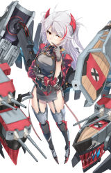 Rule 34 | 1girl, antenna hair, azur lane, bad id, bad pixiv id, black gloves, black thighhighs, breast hold, breasts, cannon, clothing cutout, cross, finger to mouth, full body, garter straps, gloves, hair between eyes, headgear, highres, iron cross, large breasts, long hair, long sleeves, looking at viewer, machinery, multicolored hair, orange eyes, prinz eugen (azur lane), red hair, side cutout, sideboob, silver hair, simple background, solo, standing, streaked hair, swept bangs, thighhighs, thighs, turret, two side up, very long hair, white background, zombie mogura