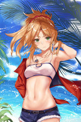 Rule 34 | 1girl, :i, armpits, bandeau, beach, belt, bird, blonde hair, blue sky, blush, closed mouth, cloud, day, fate/apocrypha, fate (series), green eyes, highres, jacket, jewelry, konata (knt banri), long hair, looking at viewer, midriff, mordred (fate), mordred (fate/apocrypha), mordred (memories at trifas) (fate), navel, necklace, ocean, outdoors, pendant, revision, short shorts, shorts, sky, solo, stomach, strap pull