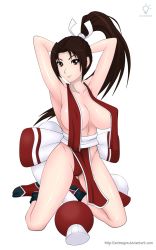 Rule 34 | 1girl, animegen, armpits, arms behind head, breast curtains, breasts, covered erect nipples, fatal fury, highres, kneeling, large breasts, no bra, ponytail, shiranui mai, smile, snk, solo, the king of fighters, white background