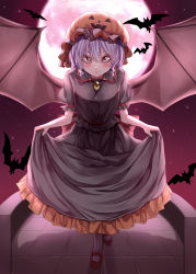 Rule 34 | 1girl, absurdres, adapted costume, bat (animal), bat wings, black shirt, black skirt, blush, breasts, closed mouth, collared shirt, commentary request, eyebrows hidden by hair, flower, frilled shirt collar, frilled skirt, frilled sleeves, frills, full body, full moon, hair between eyes, halloween, hat, highres, looking at viewer, mahoro (minase mahoro), mary janes, mob cap, moon, orange hat, pink eyes, puffy short sleeves, puffy sleeves, pumpkin hat, purple hair, red flower, red moon, remilia scarlet, shirt, shoes, short hair, short sleeves, skirt, skirt hold, small breasts, solo, touhou, white legwear, wings