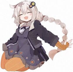 Rule 34 | 1girl, 76gpo, ahoge, black dress, black jacket, braid, braided ponytail, breasts, closed eyes, double-parted bangs, dress, facial hair, fingerless gloves, full body, gloves, hair ornament, jacket, kizuna akari, large breasts, long sleeves, open mouth, orange gloves, simple background, solo, striped clothes, striped gloves, vertical-striped clothes, vertical-striped gloves, voiceroid, white background