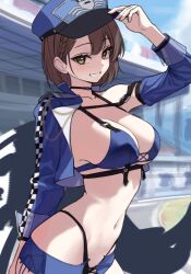 Rule 34 | 1girl, arm behind back, arm up, azur lane, baltimore (azur lane), baltimore (finish line flagbearer) (azur lane), bare shoulders, bikini, black bikini, black choker, blue bikini, blue hat, blue jacket, blue shorts, braid, breasts, brown hair, chest harness, choker, cleavage, collarbone, cowboy shot, cropped jacket, detached sleeves, g home, grin, halterneck, hand on headwear, harness, hat, highleg, highleg bikini, jacket, large breasts, long sleeves, looking at viewer, micro shorts, navel, official alternate costume, open clothes, open fly, open jacket, peaked cap, revealing clothes, short hair, shorts, smile, solo, standing, stomach, string bikini, swimsuit, unfinished, yellow eyes