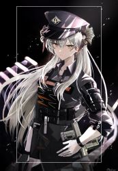 Rule 34 | 1girl, arknights, black background, black gloves, black shirt, closed mouth, collared shirt, commentary request, dragon horns, esuda0919, gloves, grey hair, hand on own hip, hat, highres, horns, long hair, looking at viewer, military hat, official alternate costume, open collar, partial commentary, bulletproof vest, police, police uniform, red eyes, saria (arknights), saria (the law) (arknights), shield, shirt, single glove, sleeves rolled up, solo, tactical clothes, uniform, upper body