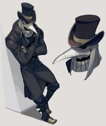 Rule 34 | 1boy, against wall, black coat, black hat, boots, coat, covered face, crossed arms, grey hair, hat, highres, leaning back, long hair, male focus, mask, original, plague doctor mask, sido (slipknot), solo, steel-toe boots, top hat