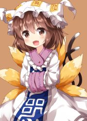 Rule 34 | 1girl, brown background, brown eyes, brown hair, cat tail, chen, cosplay, fang, fox tail, hands in opposite sleeves, highres, multiple tails, open mouth, ruu (tksymkw), simple background, solo, tabard, tail, touhou, two tails, yakumo ran, yakumo ran (cosplay)